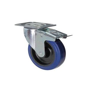 Ruota in gomma blu con supporto piastra rotante e freno zincato